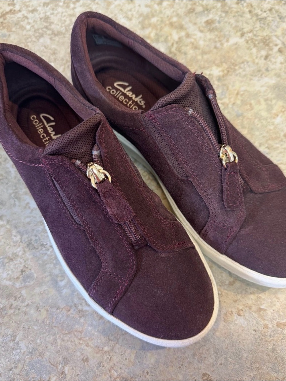 Clarks Plum Suede Zip-Front Sneakers
